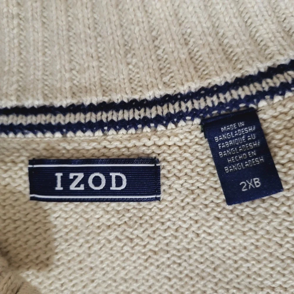 IZOD Mens 2XB NEW Fair Isle Christmas Holiday Winter Quarter Zip Sweater Cream